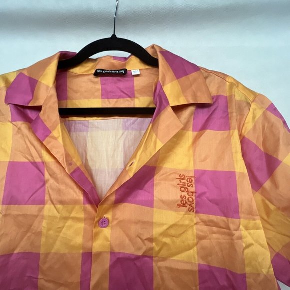 NEW Sz M Medium Les Girls Les Boys Giant Gingham Orange Pink Print Pajama Shirt - Picture 7 of 8